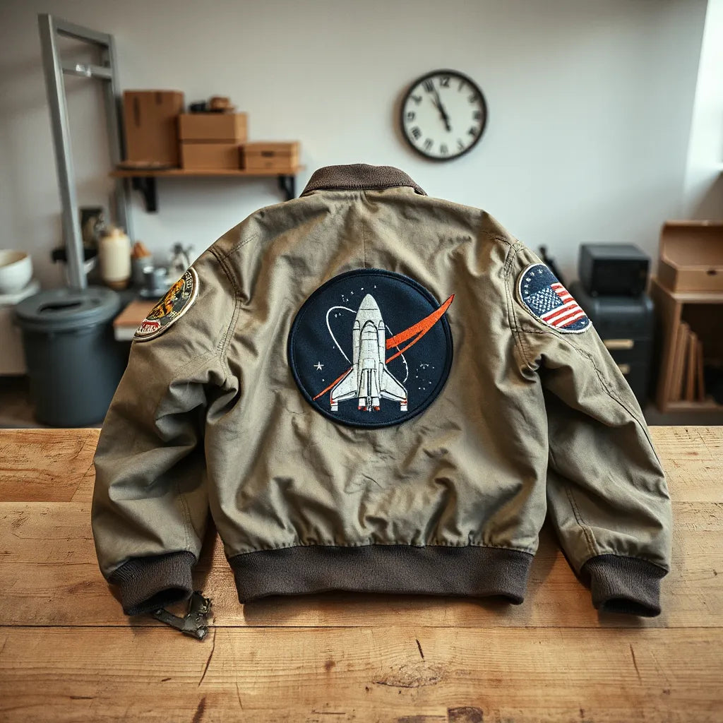 Vintage-inspired space jacket and fabric patches arranged on a minimalist workbench