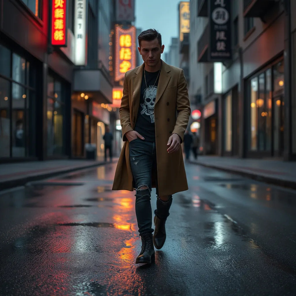 Person in layered dark streetwear and sleek boots walking on wet city pavement with neon-lit background