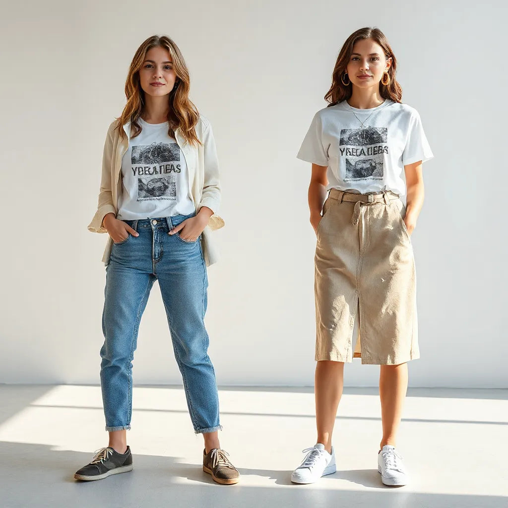 Two women styling graphic tees with jeans and a midi skirt in a bright minimal street setting