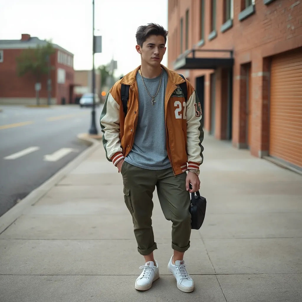 Person styling a vintage sports jacket and retro jersey in neutral streetwear