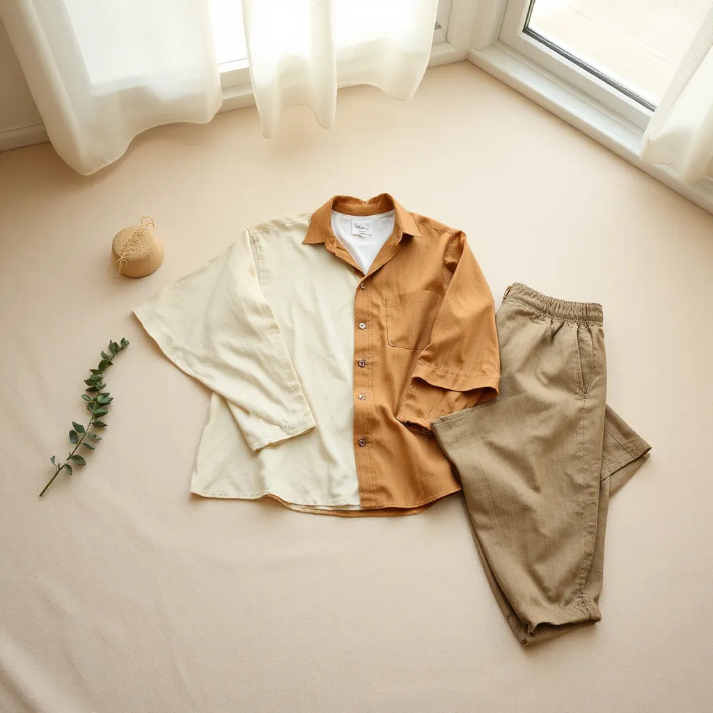 Assorted sustainably made clothing laid on natural fabric with eucalyptus leaves in soft daylight