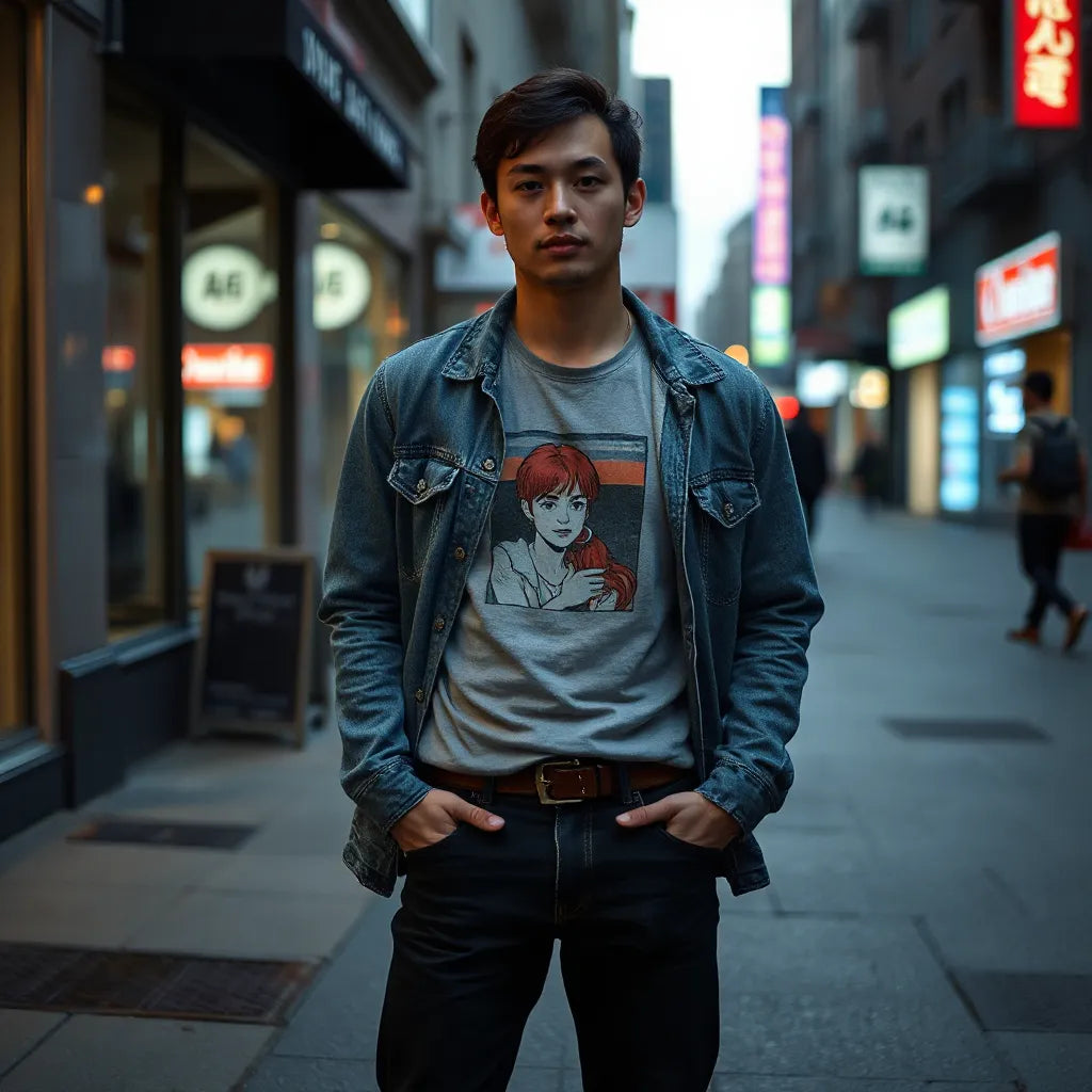 Person wearing an 80s movie inspired graphic tee with denim jacket and jeans in dusk street lighting