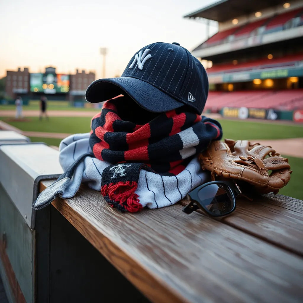 Vintage baseball cap and jersey with glove and scarf on a bench near a blurred stadium field