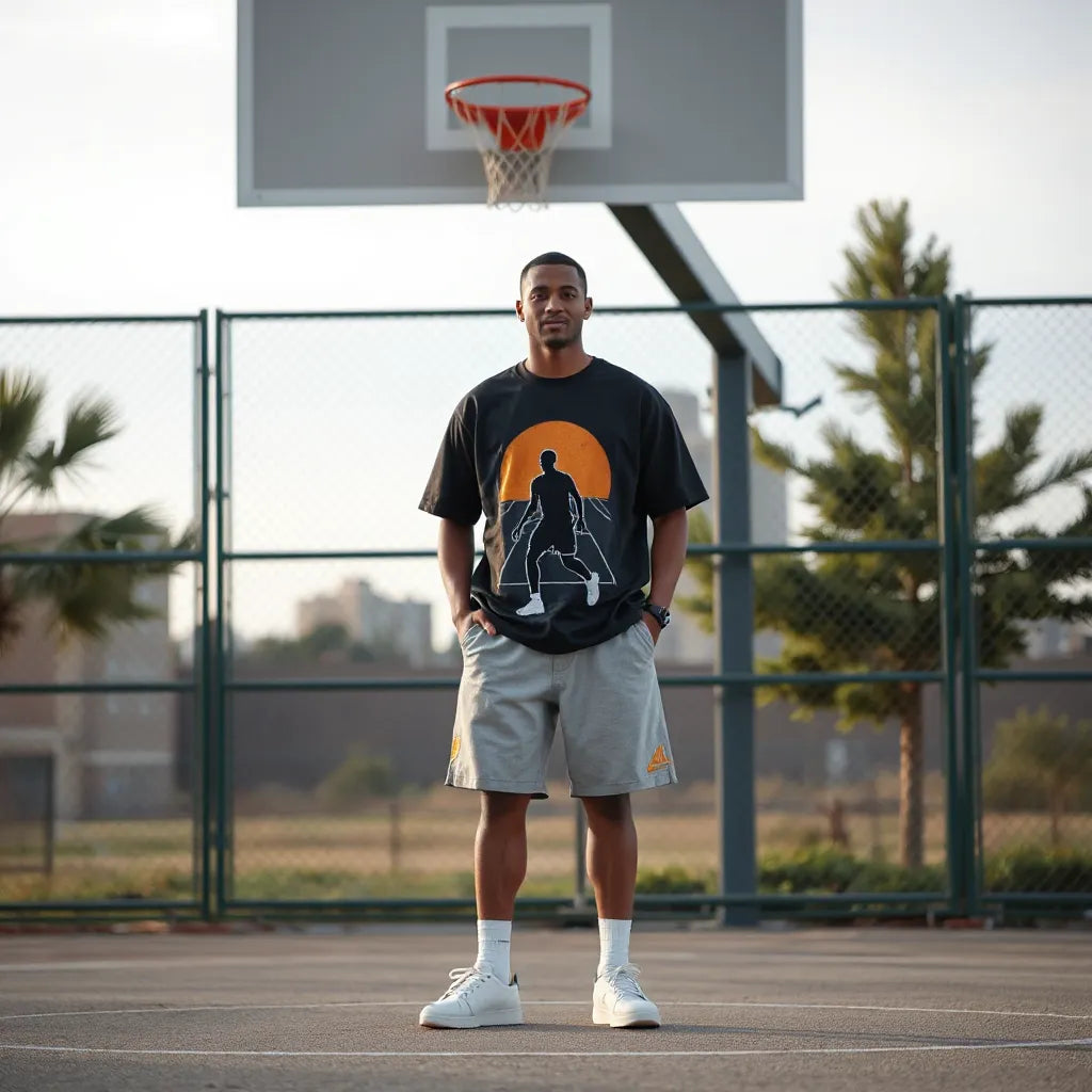 Basketball graphic tee styled with casual shorts and sneakers in front of an outdoor court