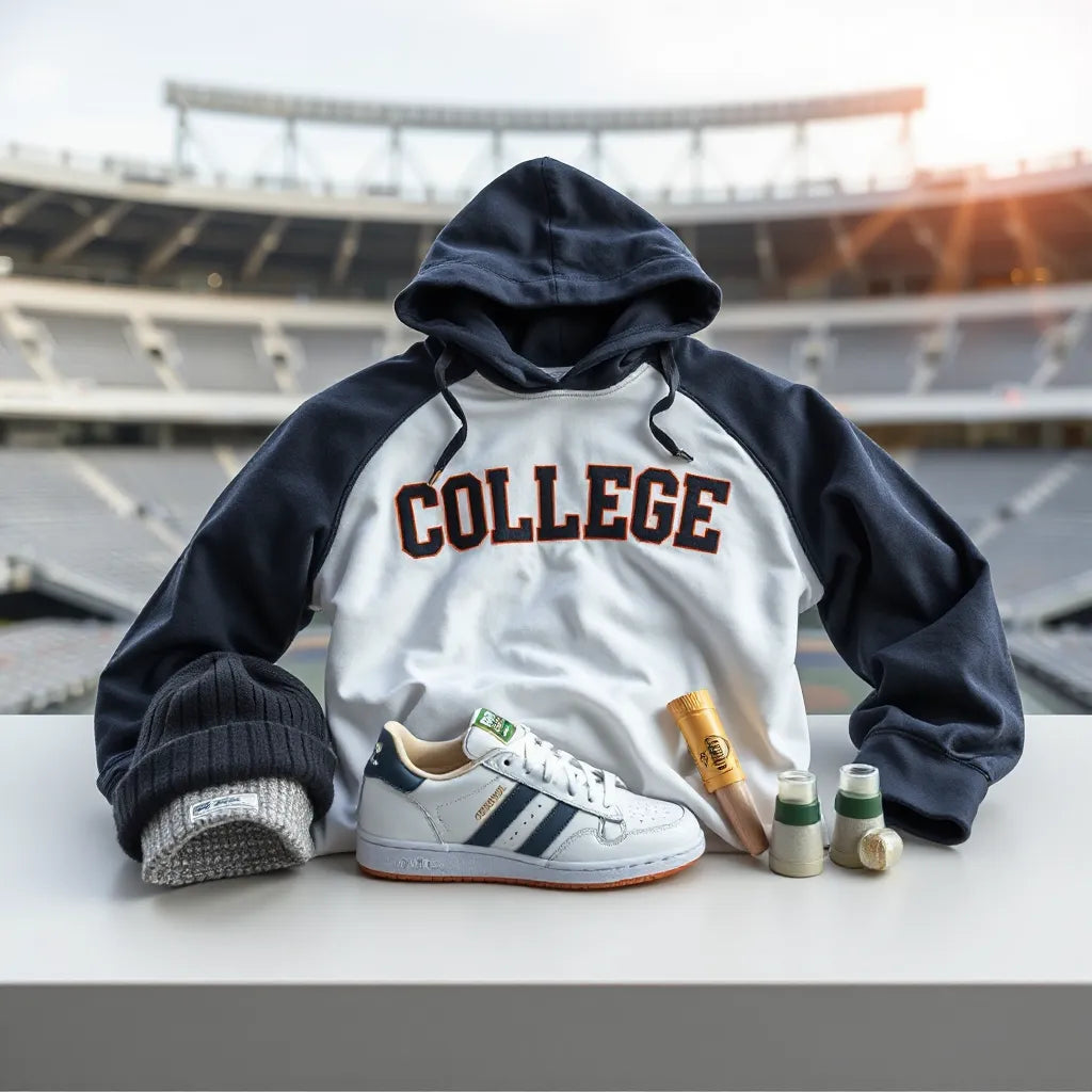 Neatly arranged college game day apparel including a hoodie, jersey, beanie, and sneakers