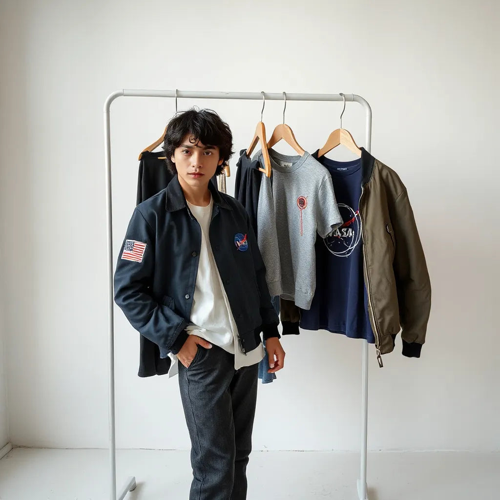 Space-inspired outfit in a minimalist studio with a jacket, starry palette, and orbit-pattern tee
