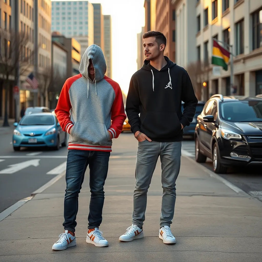 Two people wearing sports themed hoodies with sporty trim and athletic graphics outdoors
