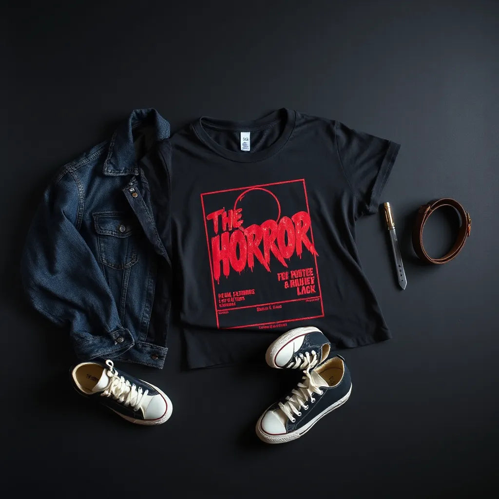 Horror graphic tees laid out with a denim jacket and casual accessories on a dark background