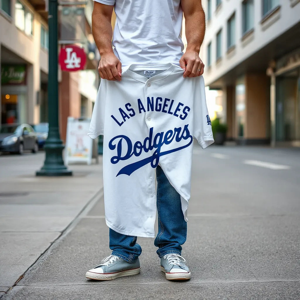 Casual outfit featuring a Los Angeles baseball shirt held in hand on a city street
