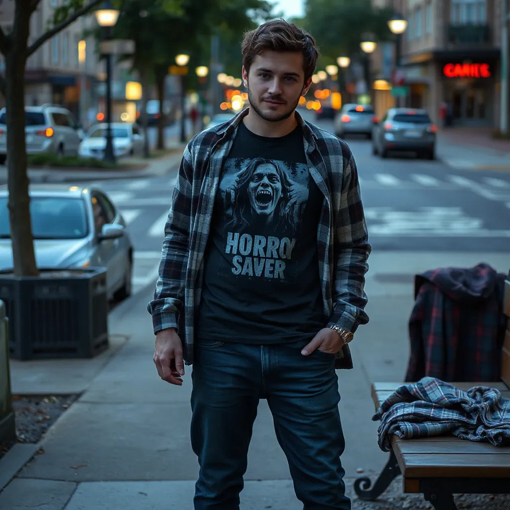 Person styling a dark graphic horror-themed tee with jeans and an open flannel jacket outdoors
