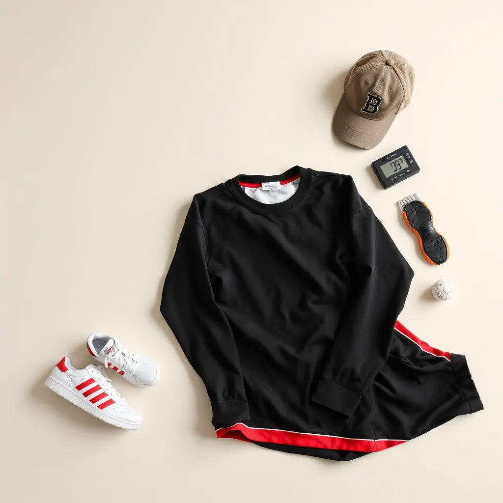 Casual student outfit featuring a sweatshirt, cap, and athletic joggers in team-inspired colors