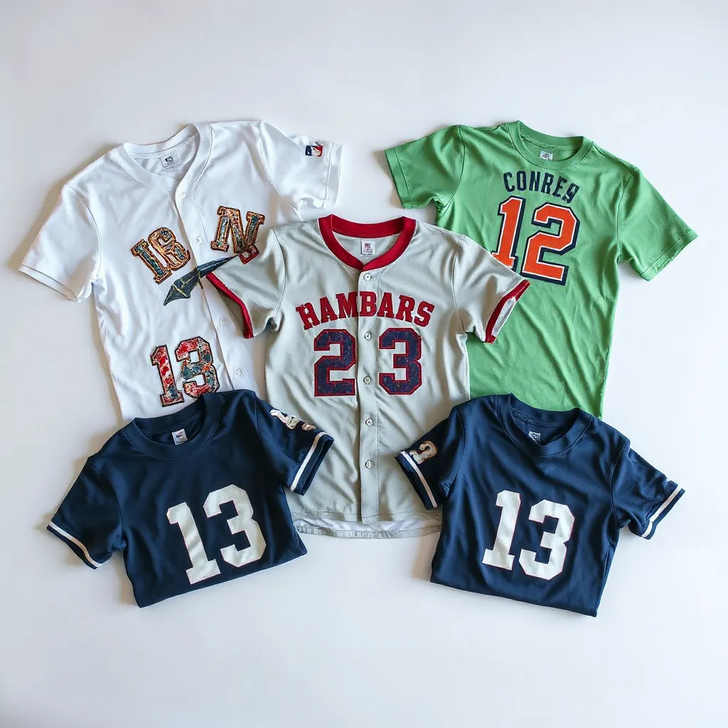 Folded vintage-inspired baseball t-shirts with colorful custom graphics laid out on a clean studio surface