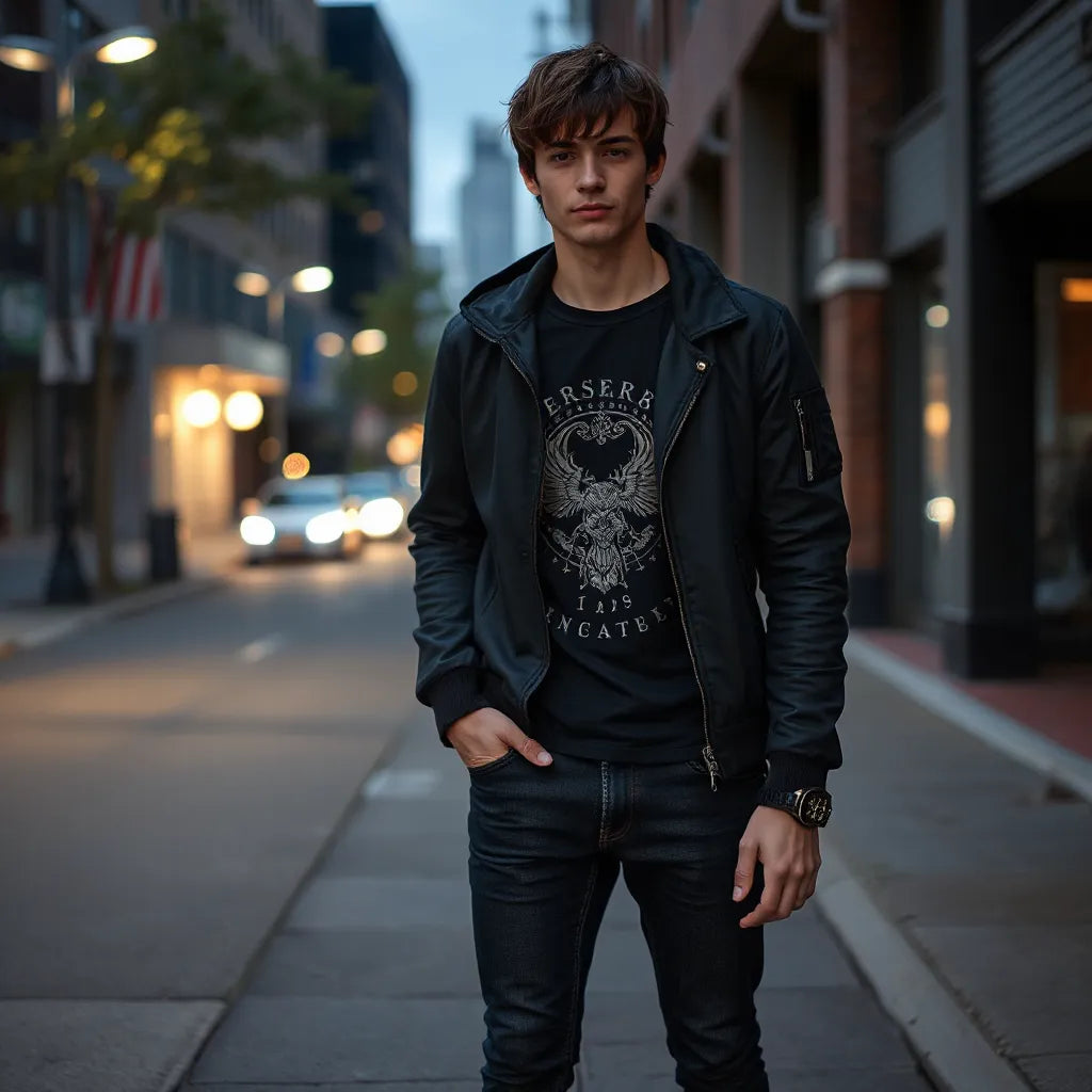 Person in a dark graphic anime-inspired jacket layered with a black tee and jeans on a city sidewalk