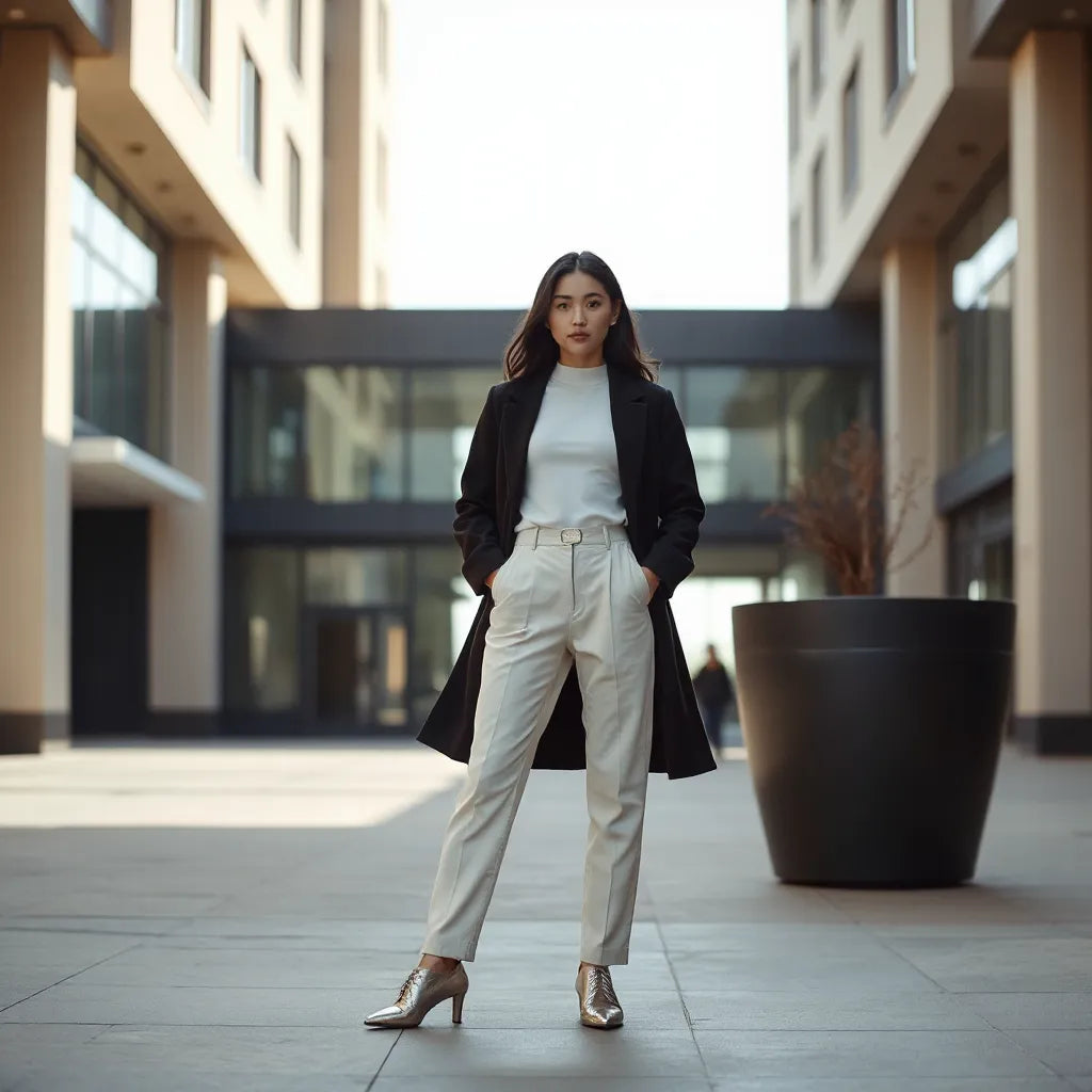 Minimal monochrome outfit with sleek space-inspired styling in a modern city setting