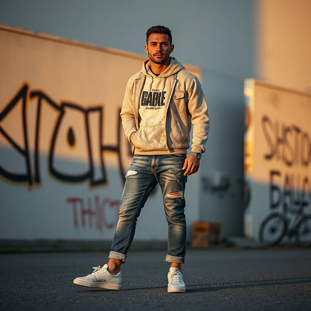 Man in faded distressed streetwear with a worn hoodie and ripped jeans in a simple city street scene