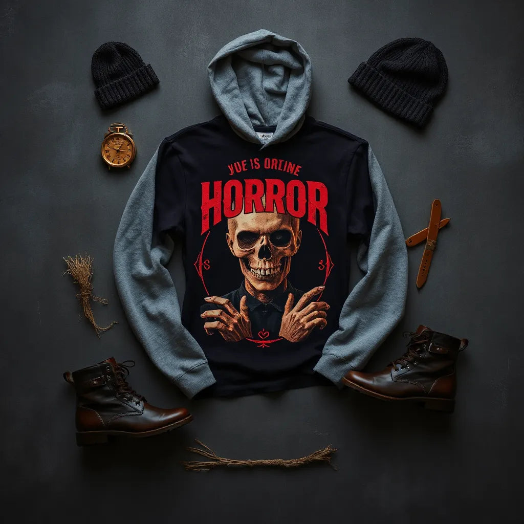 Vintage horror graphic shirt and hoodie with beanie and boots laid out in retro colors