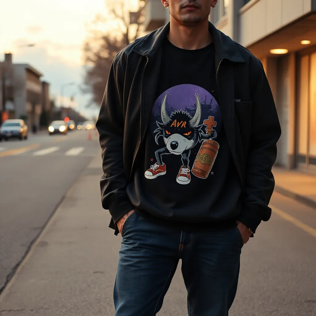 Person in a dark anime graphic sweatshirt styled with jeans and sneakers against a simple street backdrop