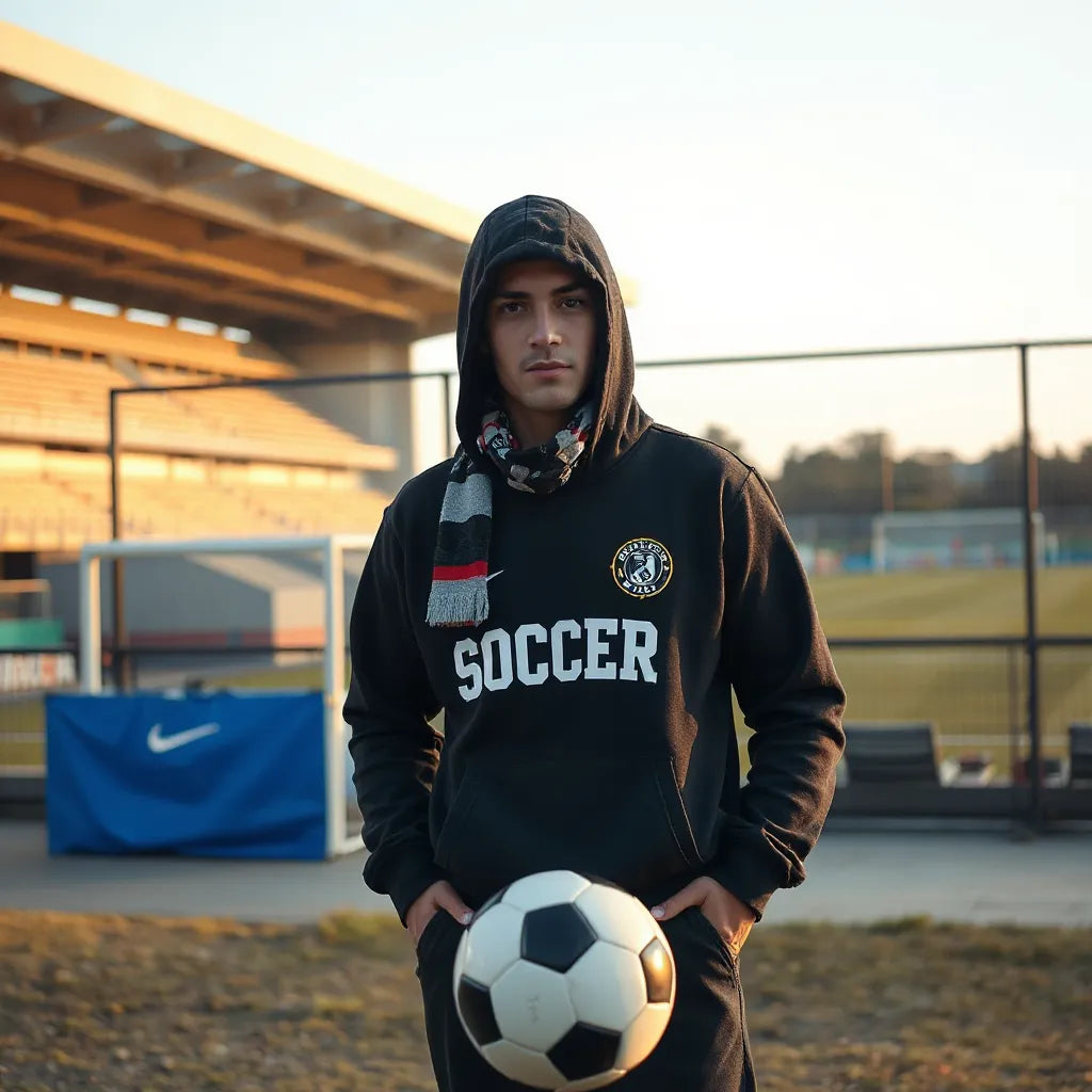 Person in a soccer hoodie standing near a field with a ball and stadium fence in the background