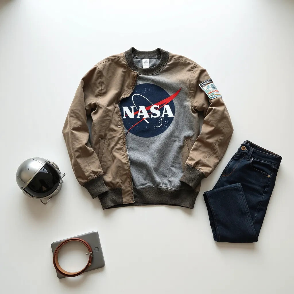 NASA themed apparel outfit with space-inspired jacket, sweatshirt, jeans, and a small metal space accessory