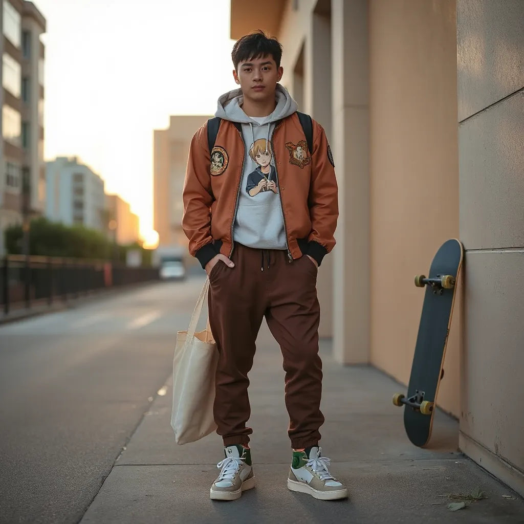 Person in anime-inspired streetwear with bomber jacket, hoodie layers, and high-top sneakers on a city street
