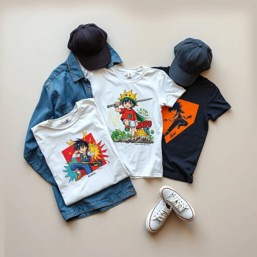 Neatly styled anime graphic tees beside a denim jacket, cap, and sneakers on a neutral background