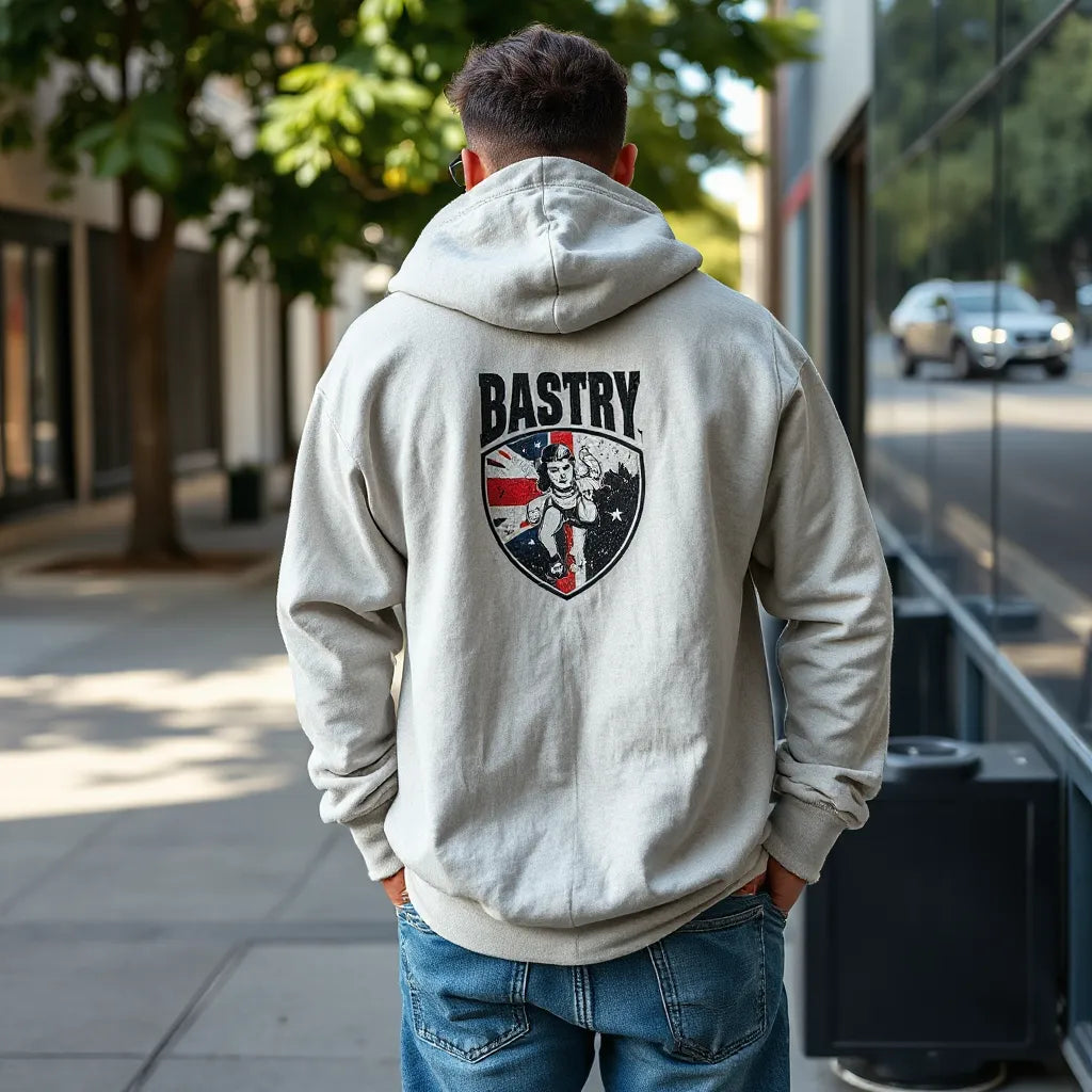 Person in custom graphic tee and hoodie styled with jeans and sneakers on a city sidewalk