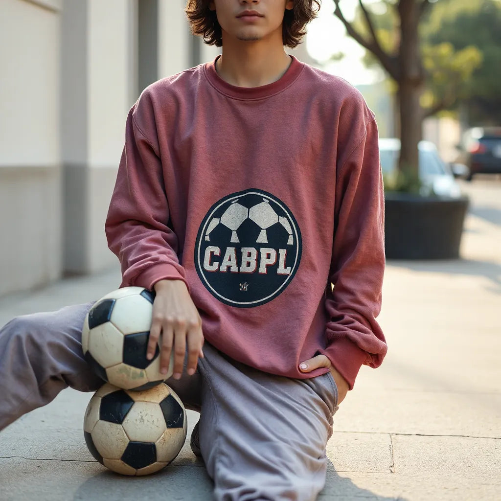 Casual streetwear look featuring a vintage-style soccer graphic sweatshirt and a soccer ball nearby