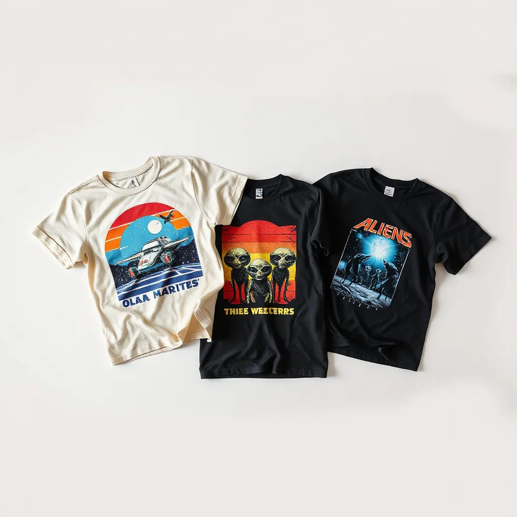 Retro sci-fi graphic shirts laid out on a neutral background with visible starfield and spaceship designs