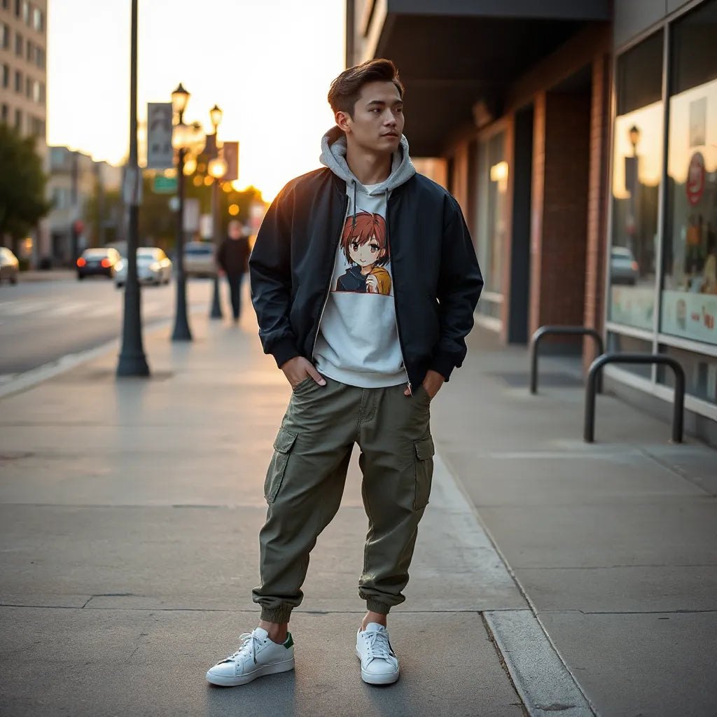 Person styling an anime-inspired hoodie with a bomber jacket and sneakers in a city street setting
