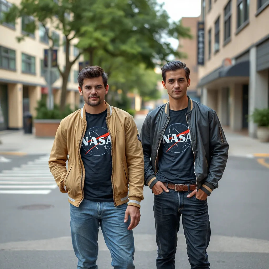 Casual street-style outfits featuring retro space-themed NASA graphic shirts layered with jackets