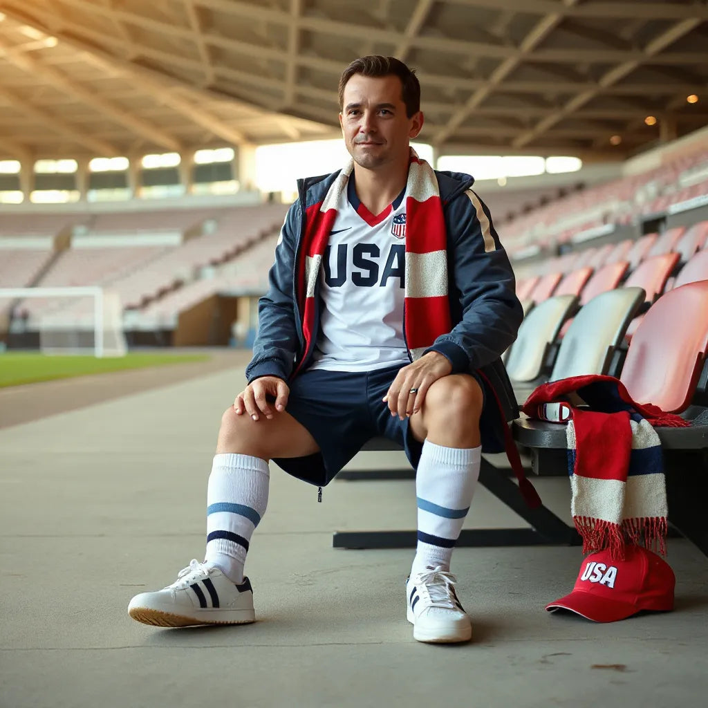 Adult wearing USA-themed soccer jersey with red white and blue accessories in a stadium setting