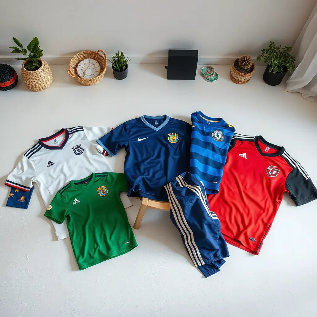Assorted soccer jerseys laid out in a clean, modern room for everyday outfit styling ideas
