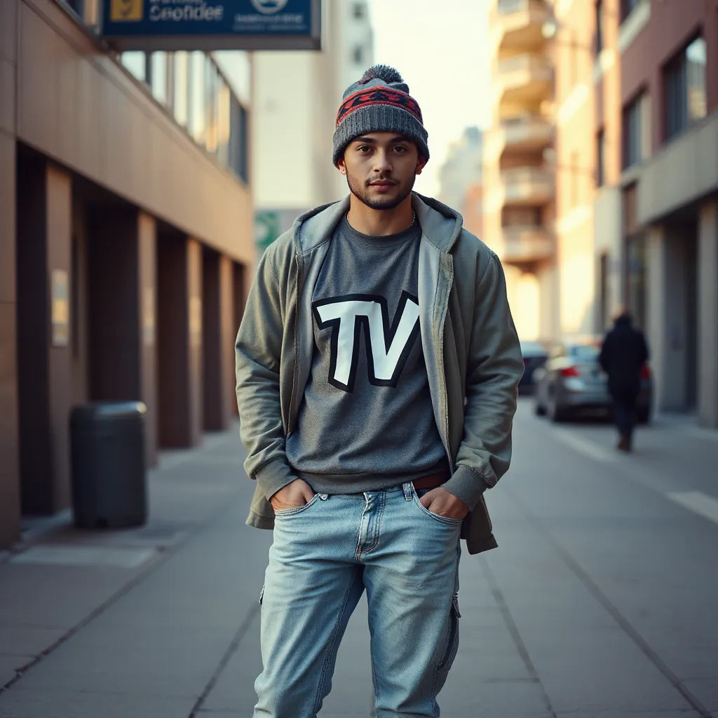 Person in casual TV-inspired sweatshirt and jeans on an urban sidewalk with a vintage throwback look