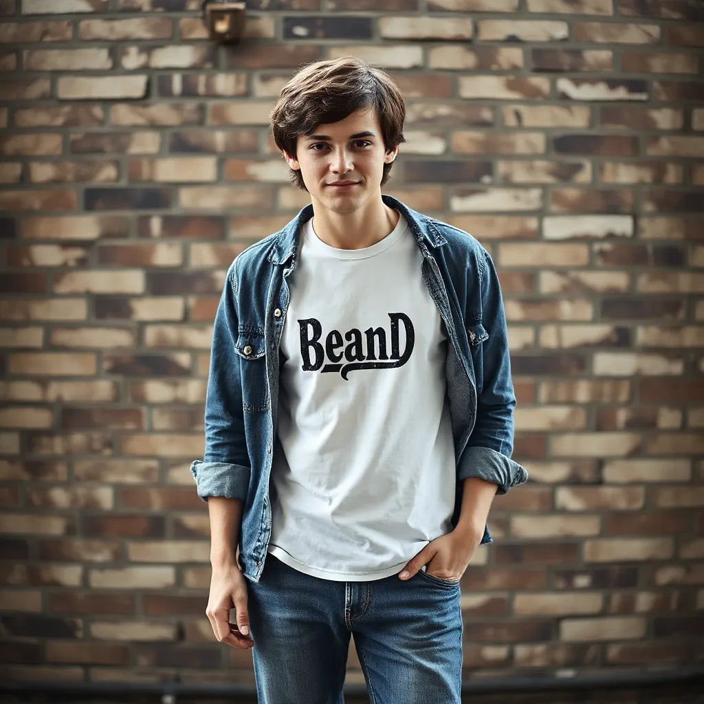 Music band graphic t-shirt styled with denim jacket and jeans against a simple brick wall