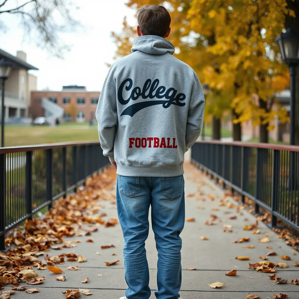 Person in a fall outfit wearing a college football sweatshirt with jeans and sneakers on a campus walkway