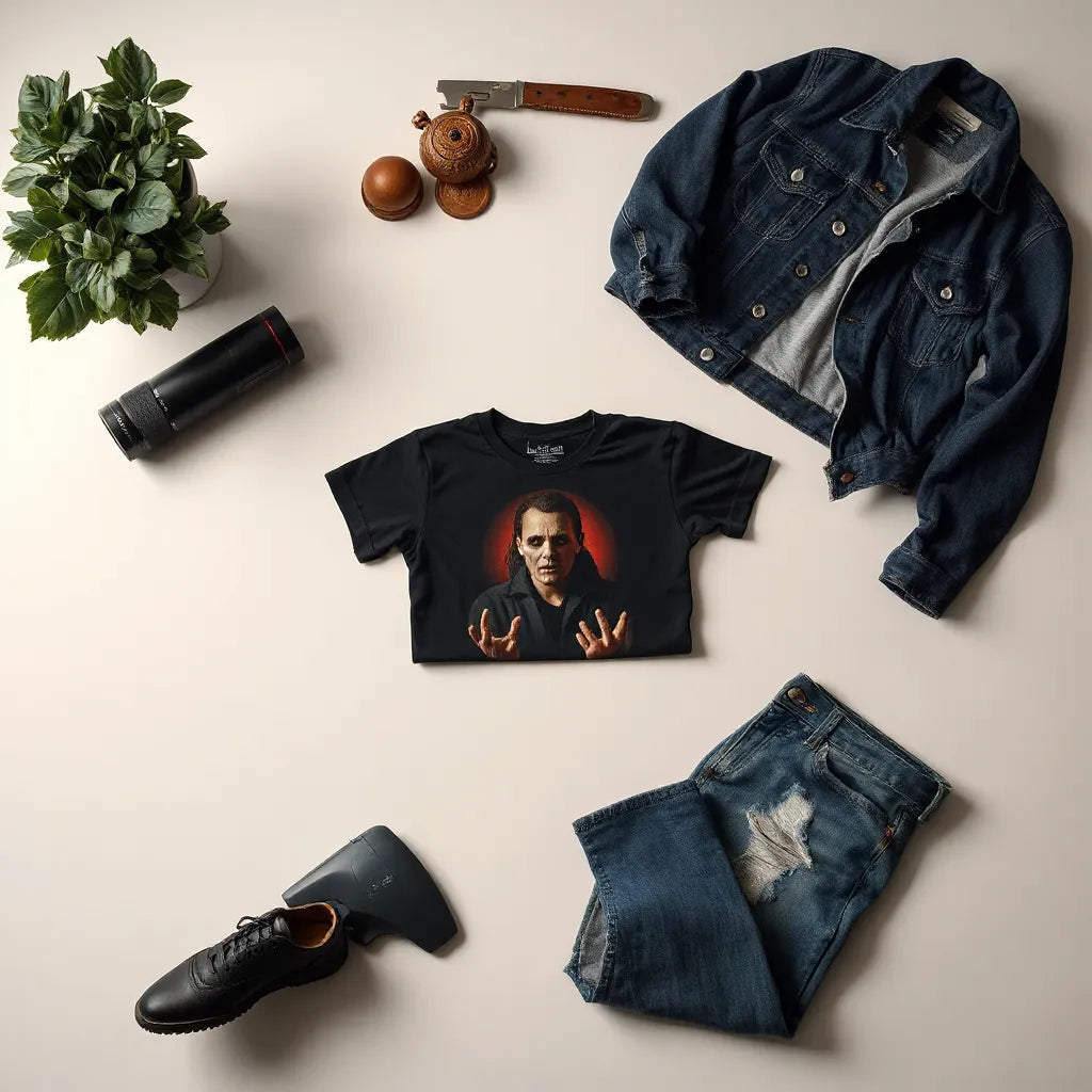 Black horror-themed graphic tee styled with a denim jacket and jeans on a neutral surface