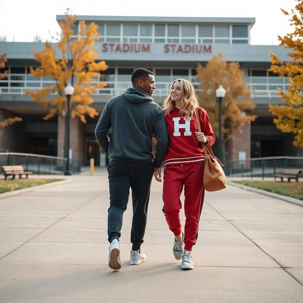 Students in college sports apparel walking toward a stadium in school colors