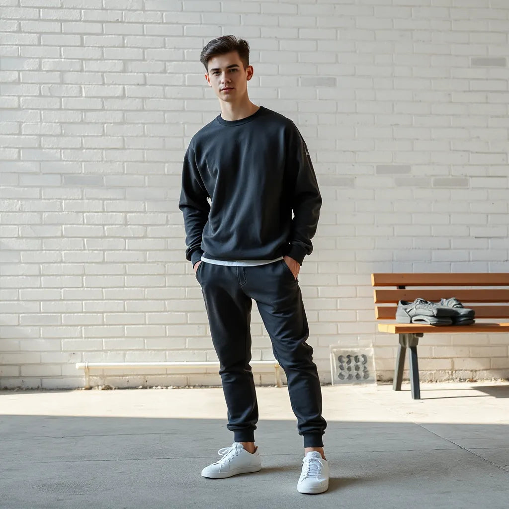Casual model wearing a unisex sports sweatshirt with joggers and sneakers in daylight