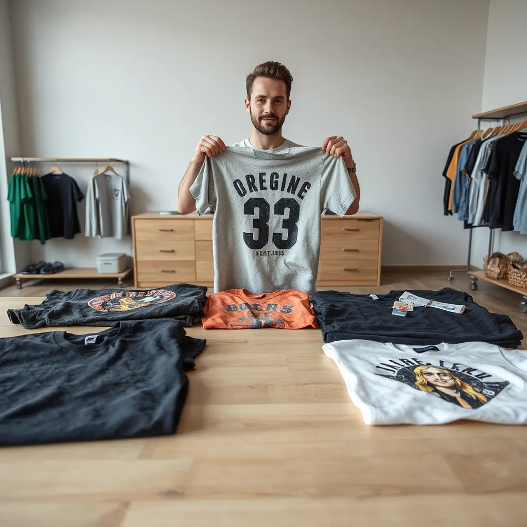 Man comparing graphic t-shirts on a table in a modern, well-lit room