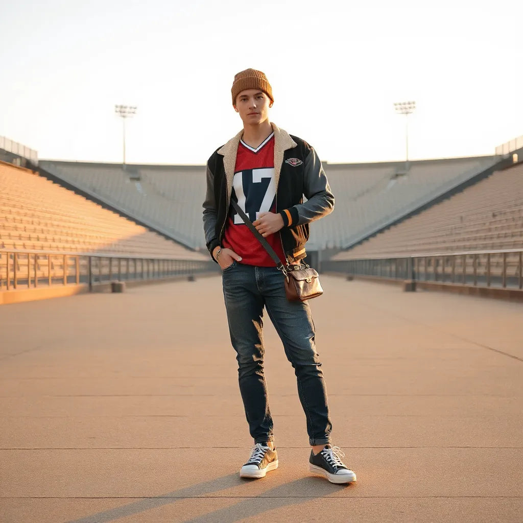 Person styling a retro football jersey with a varsity jacket, jeans, and classic sneakers near stadium seating