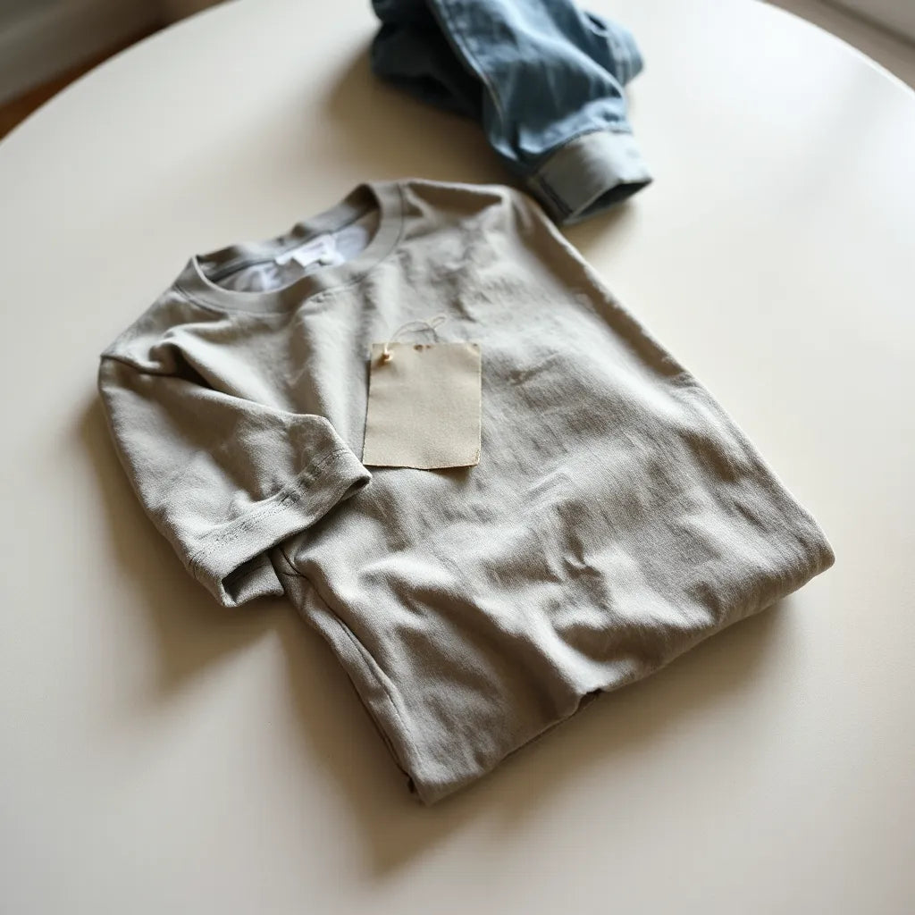 Heavyweight cotton t-shirt folded on a neutral surface with visible thick fabric texture and seams