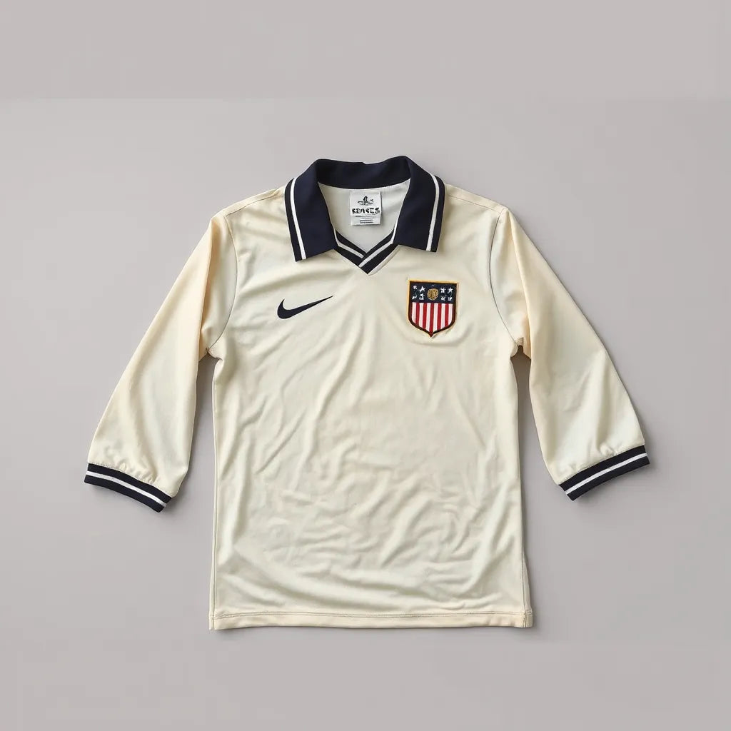 Vintage United States soccer jersey with worn fabric texture and classic trim details laid on a neutral background