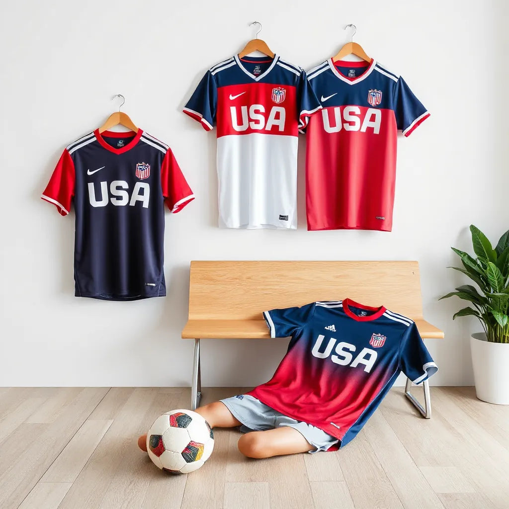 Red, white, and blue USA soccer jerseys displayed on a rack with a soccer ball nearby