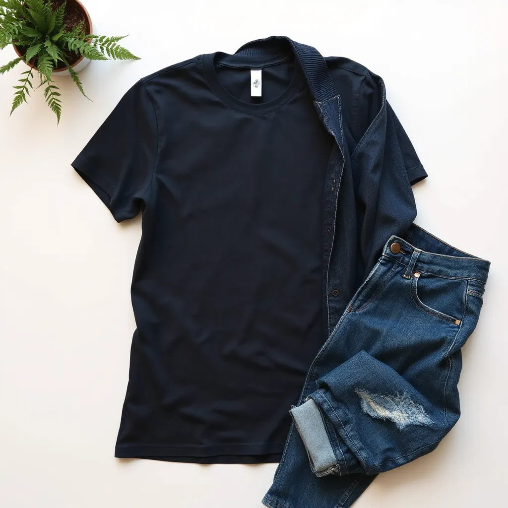 Unisex fit t-shirt styled with denim and jeans on a clean neutral background