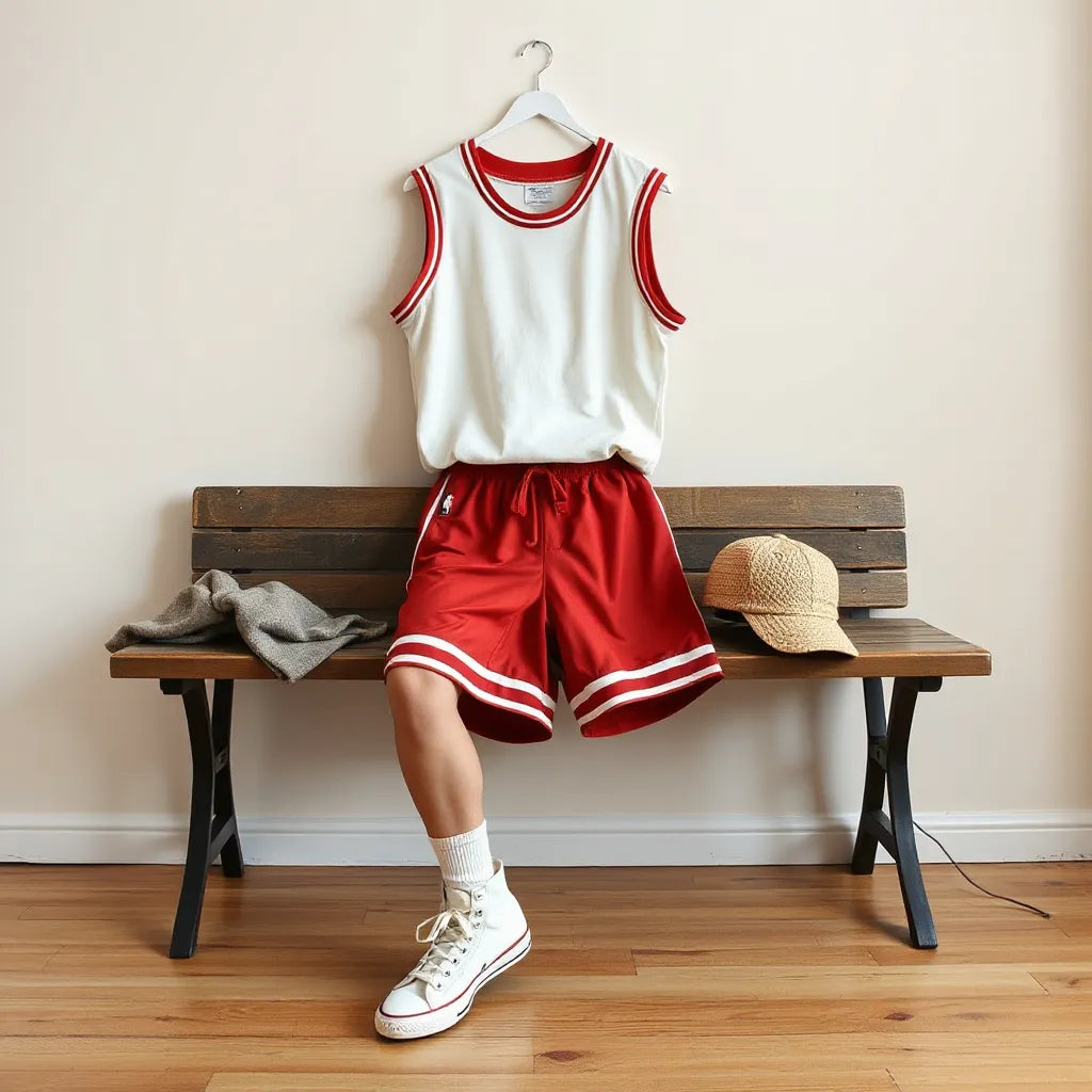 Vintage basketball jersey and shorts outfit with high-top sneakers and cap in soft natural light