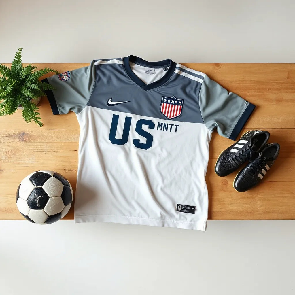 USMNT-inspired World Cup jersey laid on a table with soccer boots and a ball nearby