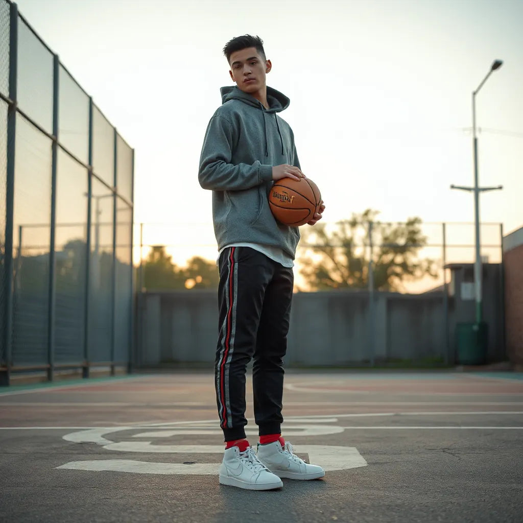Person in basketball streetwear outfit with a basketball near an outdoor urban court