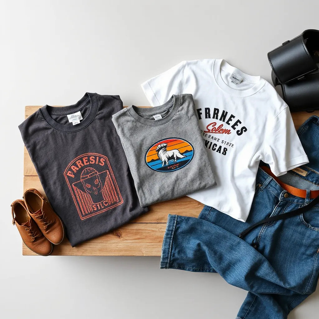 Retro graphic tees displayed on a bench with denim and casual accessories in soft daylight