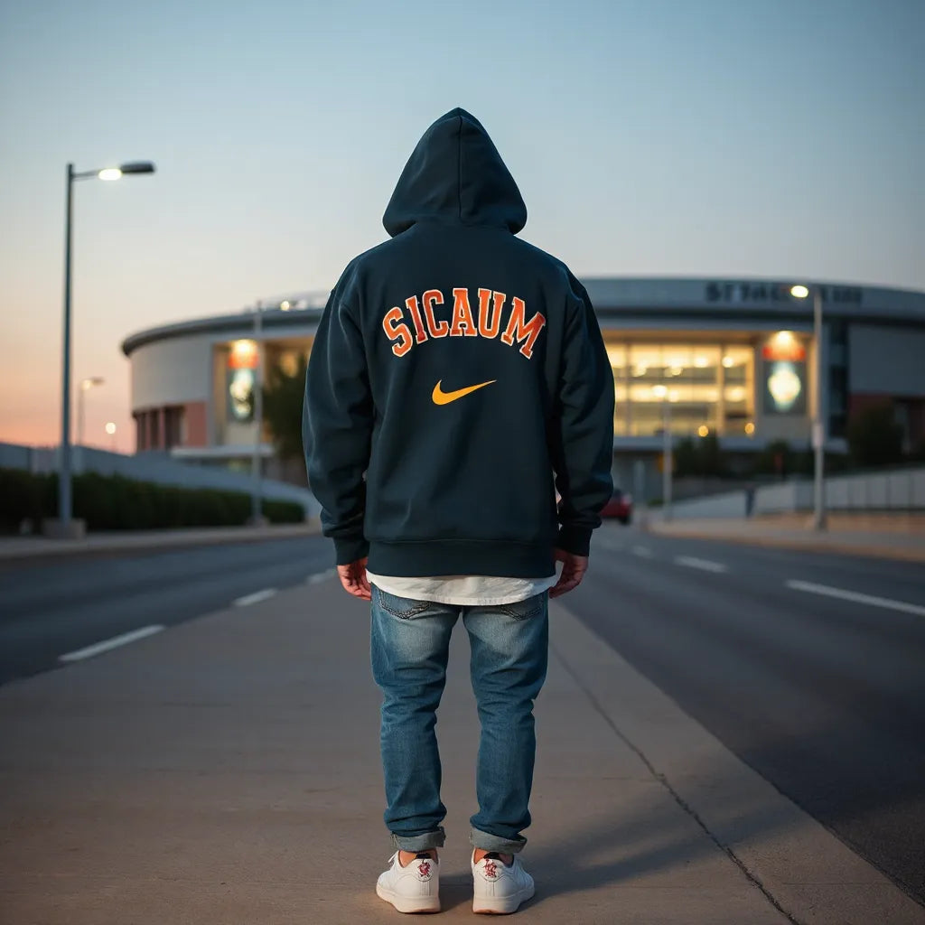Person in a sports-themed hoodie styled with jeans and sneakers near a stadium at dusk