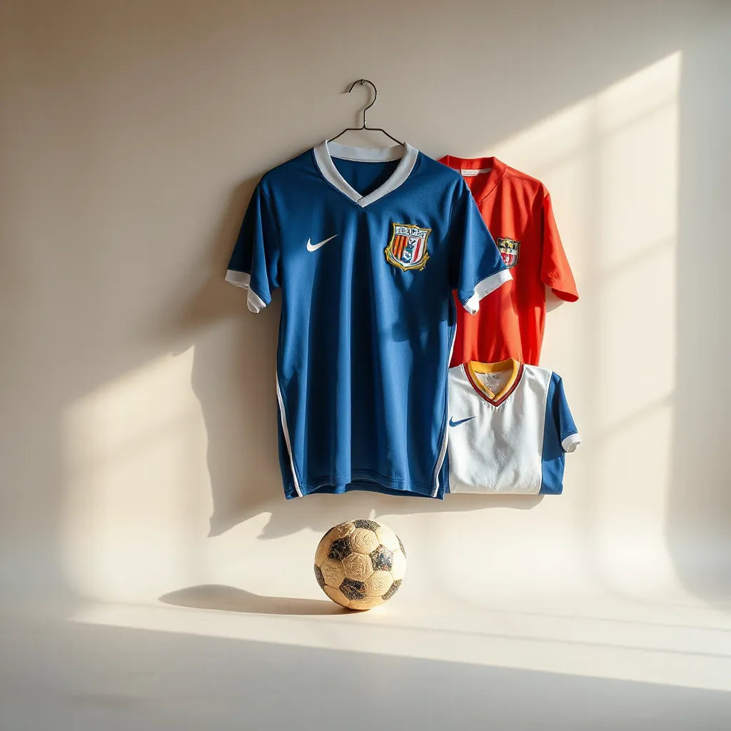 Vintage soccer shirts with retro colors displayed alongside a soccer ball on a neutral background